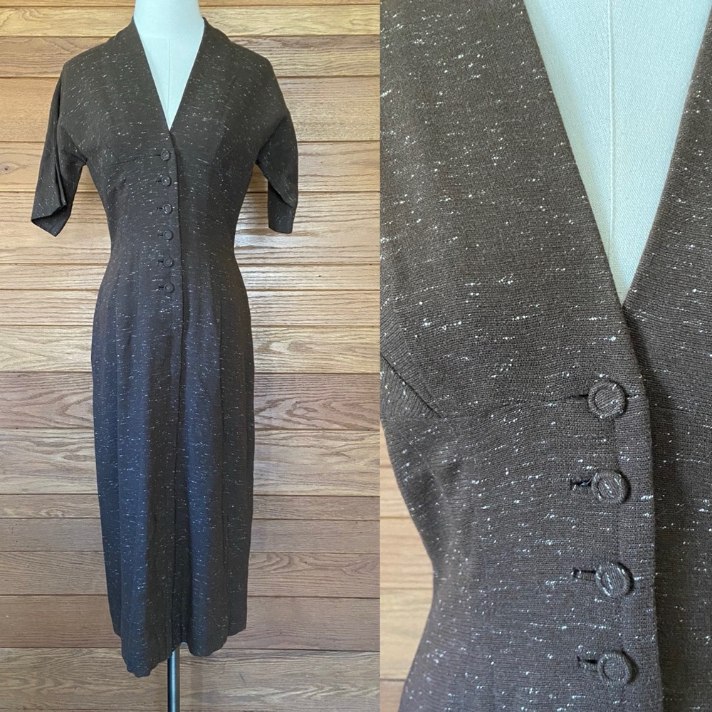 Vintage 1950s Madeliene Fauth brown button front wiggle dress